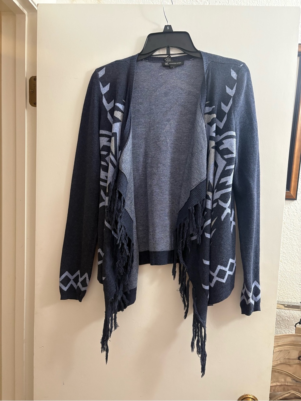 INC International Concepts Navy and Light Gray Fringe Open-Front Cardigan